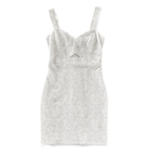 GUESS White + Silver Jacquard Printed Bodycon Dress with Cutout - Women's Size 6 - Picture 1 of 4